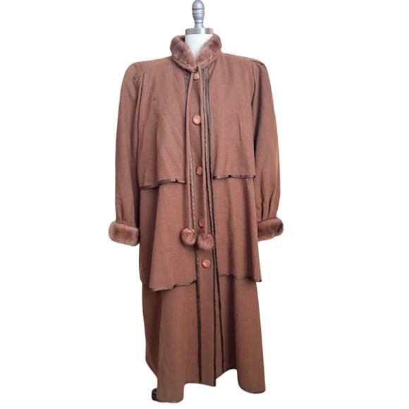 Louis Feraud Paris Wool Fur Trim Coat Brown Vintage Long Capelet Style Medium